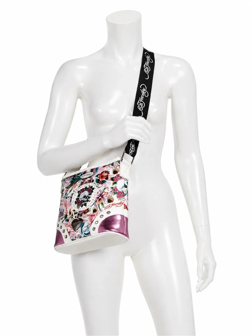 Ed Hardy White Pink Floral Skull Crossbody Bag with Black Strap (Cross Posted)